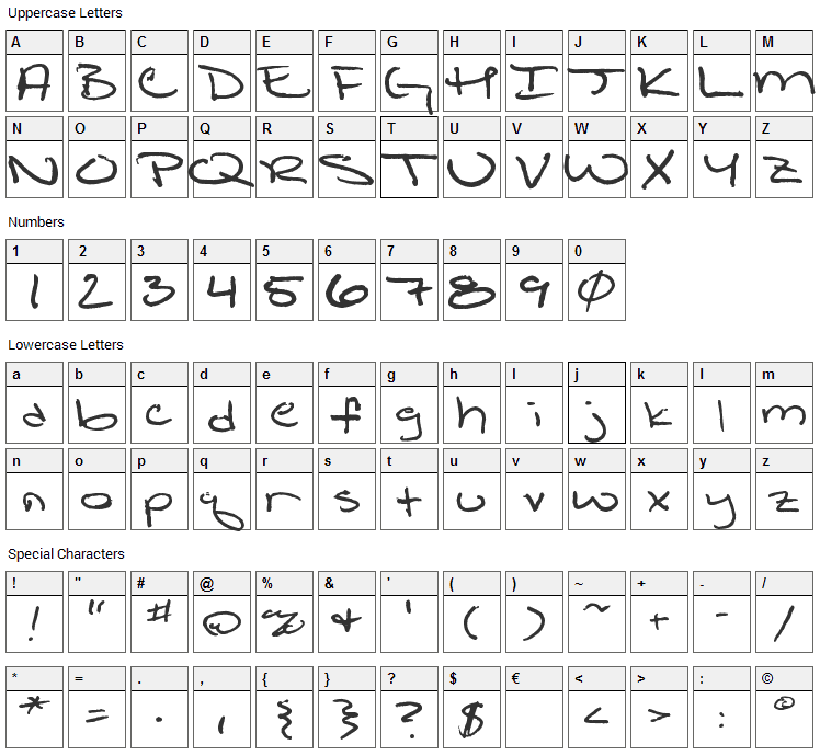 Shattered Print Font Character Map