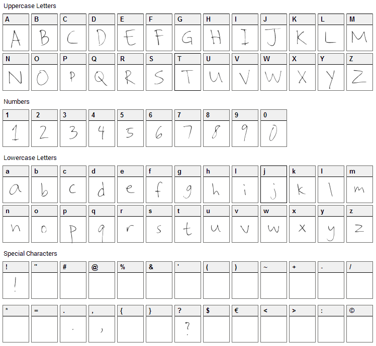 Shaynes Handwriting Font Character Map