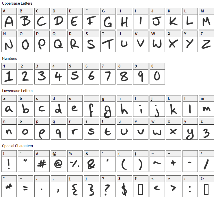 Shazi Hand Font Character Map
