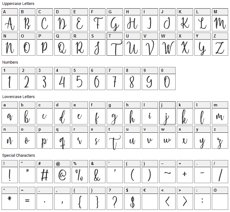 Shellahera Script Font Character Map