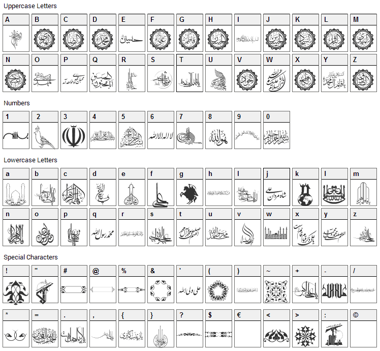 SHia Font Character Map