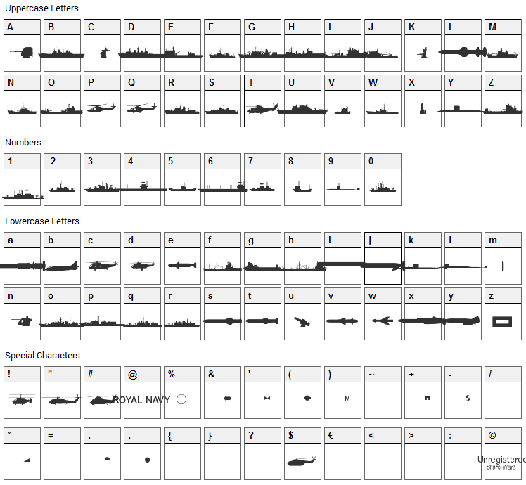 Ships Font Character Map