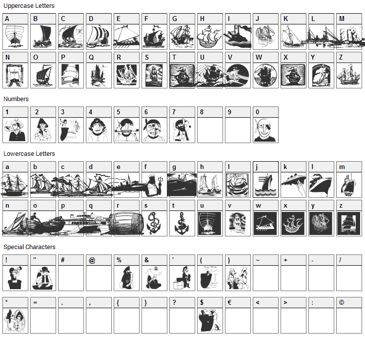 ShipsNBoats Font Character Map