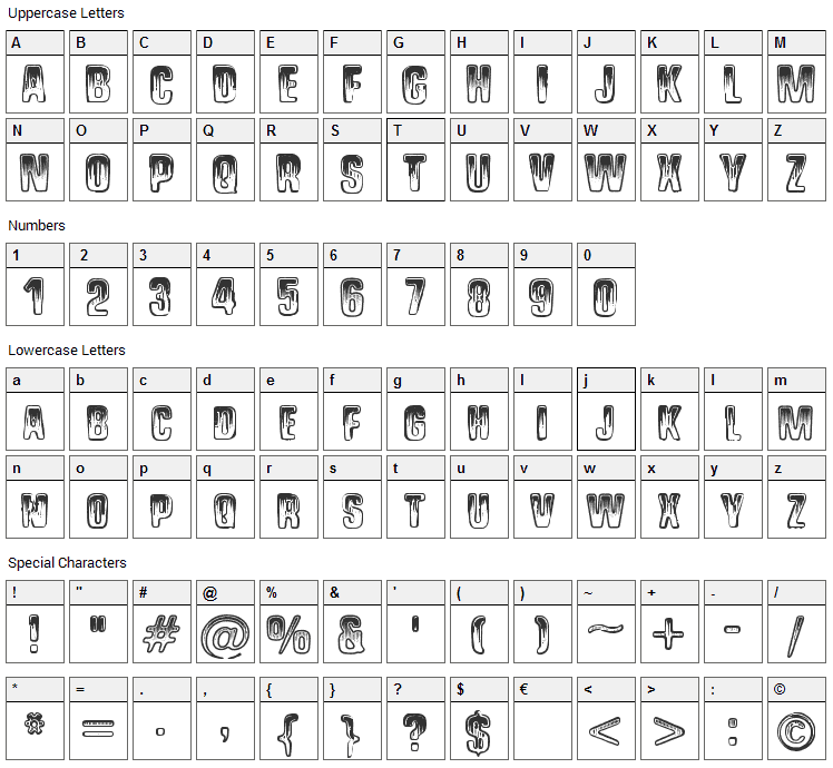 Shock Shimmy Font Character Map