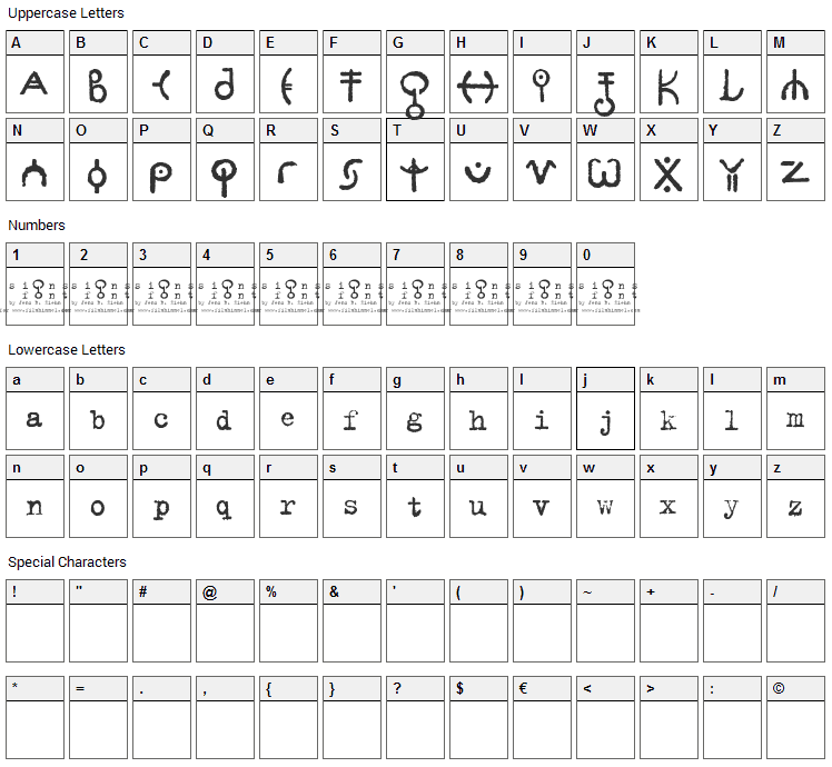 Signs Font Character Map