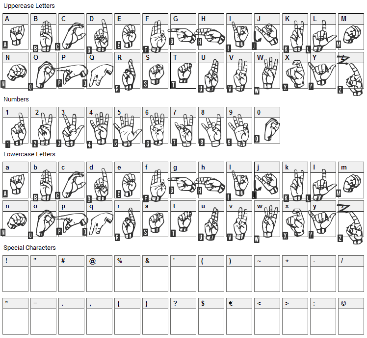 Signs Language Font Character Map