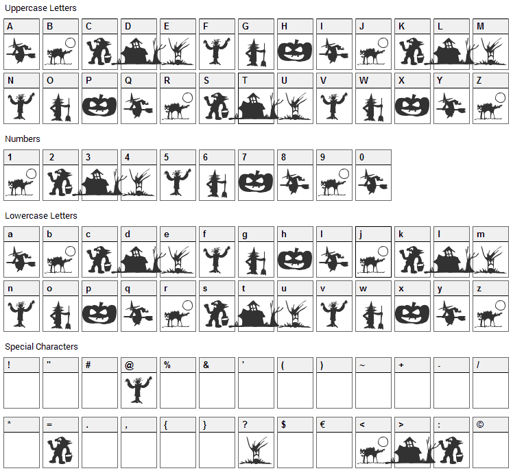 Silbooettes Font Character Map