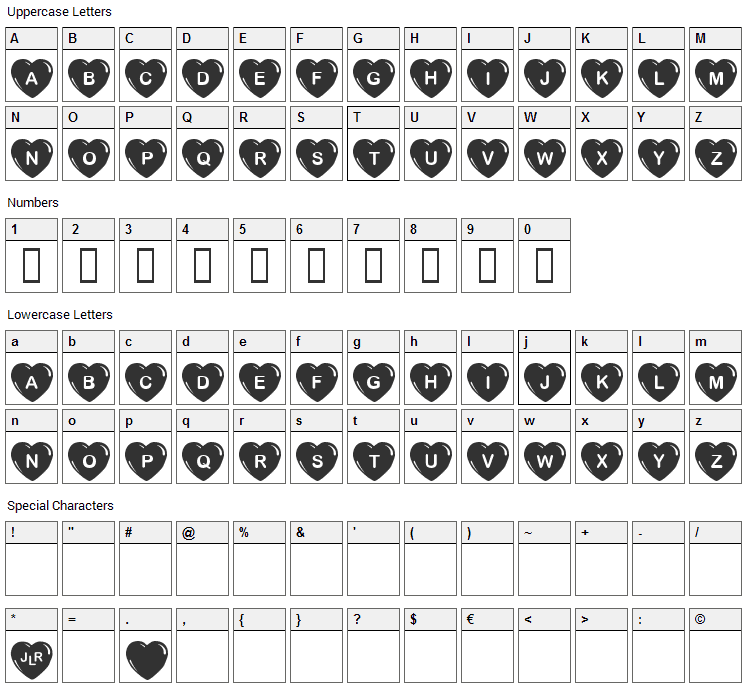 Simple Hearts Font Character Map