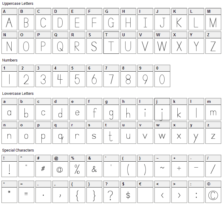 Simple Print Font Character Map
