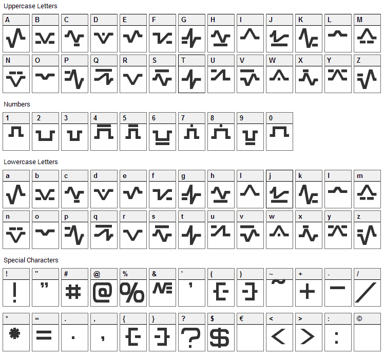 Sinescript Font Character Map