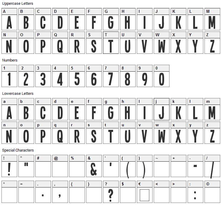 Single Sleeve Font Character Map