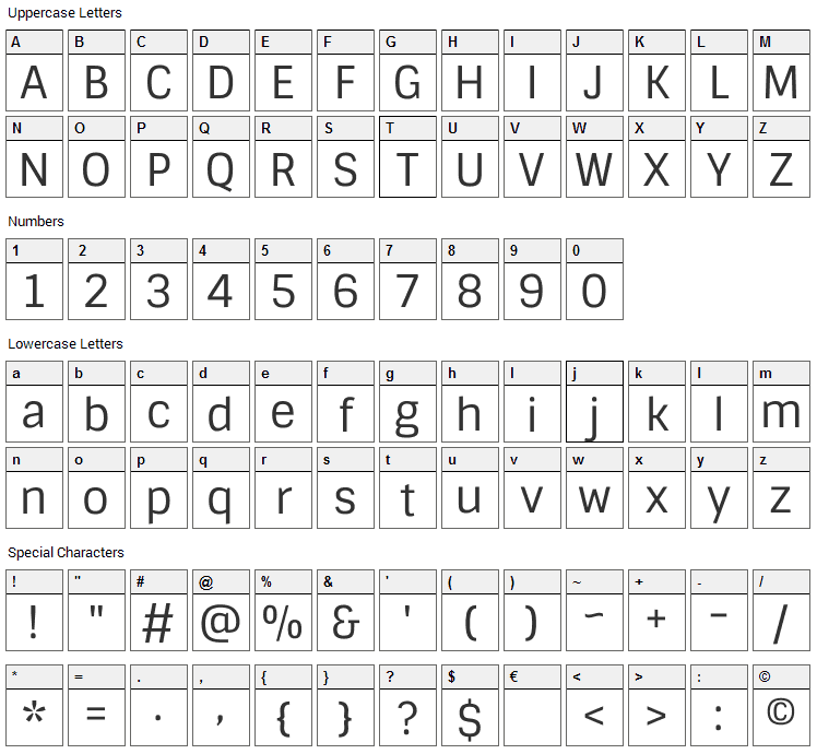 Sintony Font Character Map