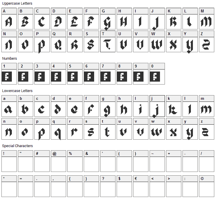 Sir Robins Minstrels Font Character Map