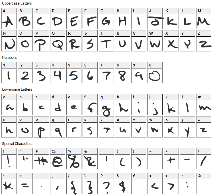 Sixth Kristen Squirt Font Character Map