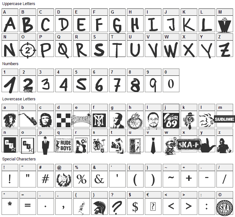 Ska+ Font Character Map