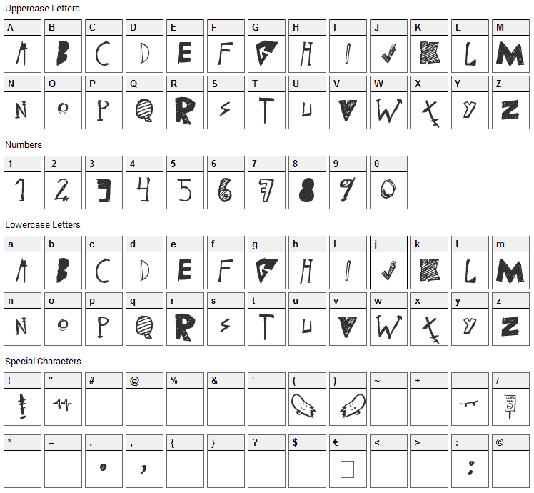 (skateboarding) Font Character Map