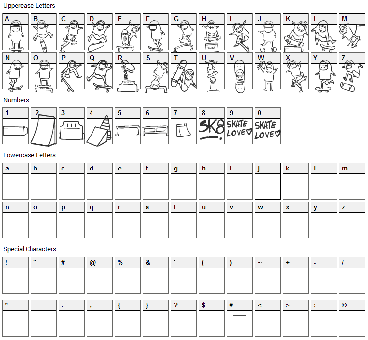 Skatelove Font Character Map