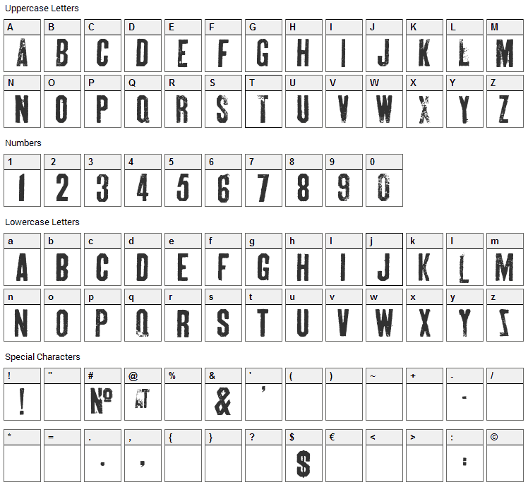 Skin & Bones Font Character Map