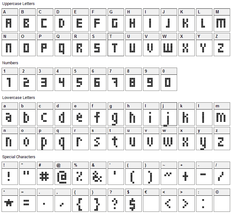 Skinny Font Character Map