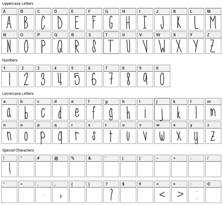 SkinnyNess Font Character Map