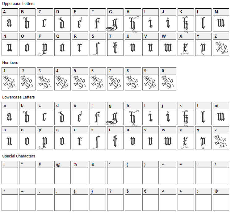 Skjend Hans Gotisk Font Character Map