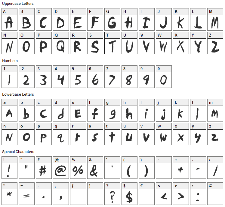 Skrawl Font Character Map