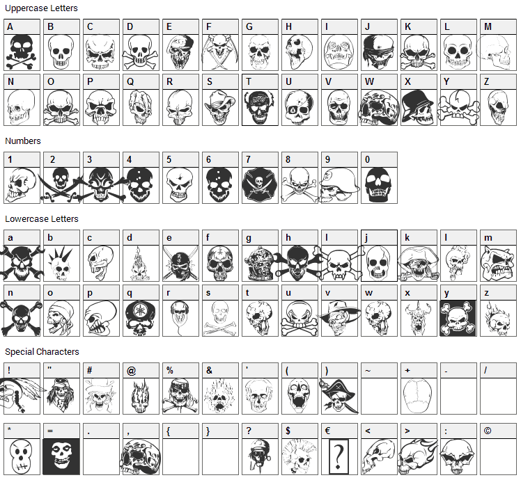 Skullx Font Character Map