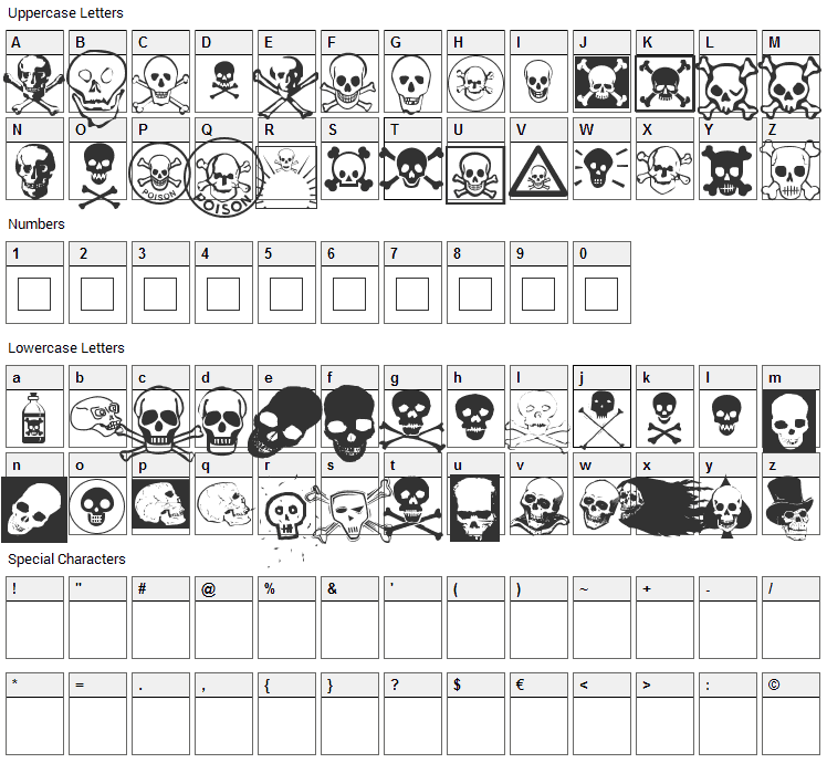 Skullz Font Character Map