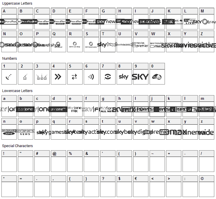 SKY logos Font Character Map