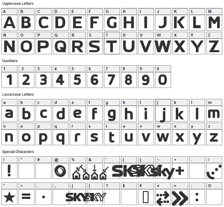 SKYfontThick Font Character Map