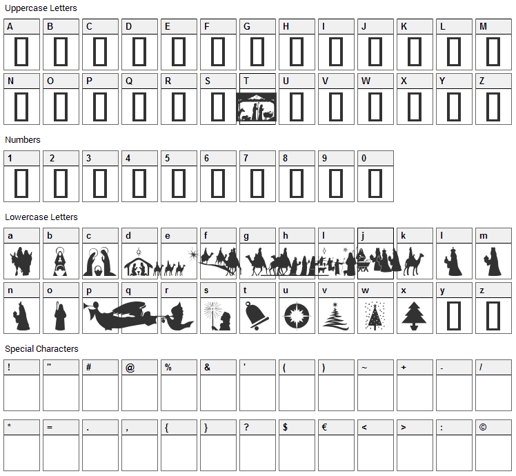 SL Christmas Silhouettes Font Character Map