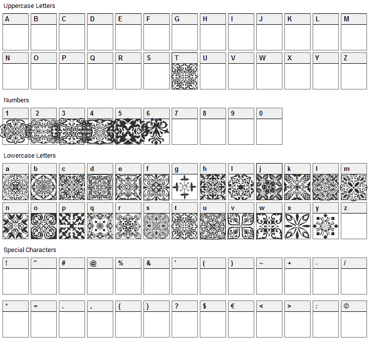 SL Square Ornaments Font Character Map