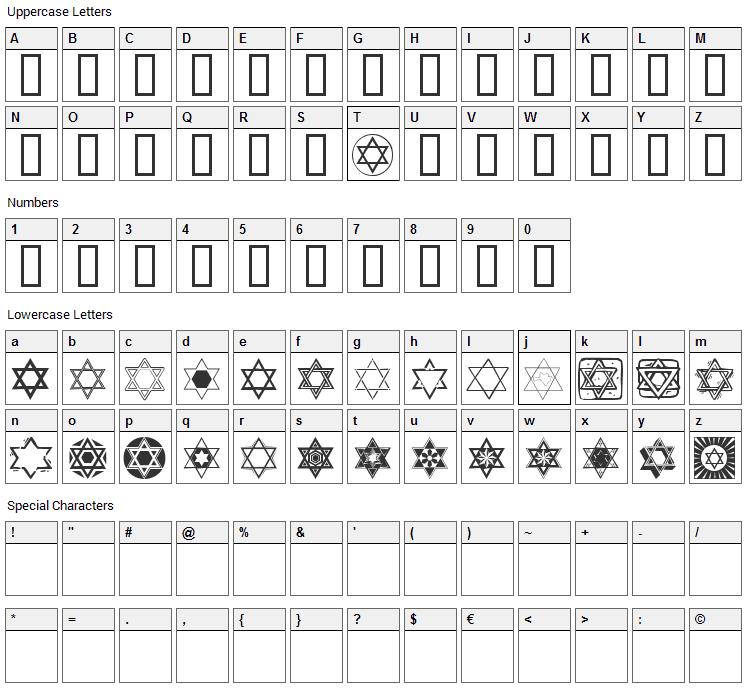 SL Star of David Font Character Map