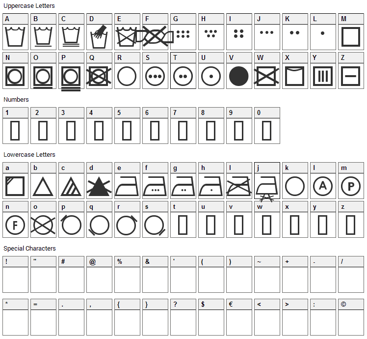 SL Wash Font Character Map