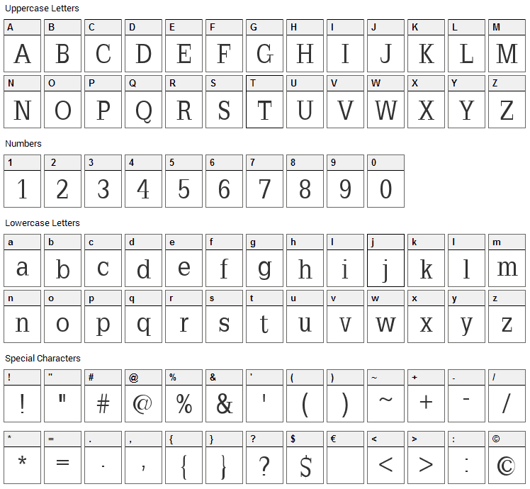 Slab Romana Font Character Map