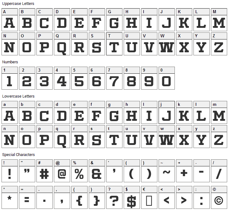 Slabby Prices Font Character Map