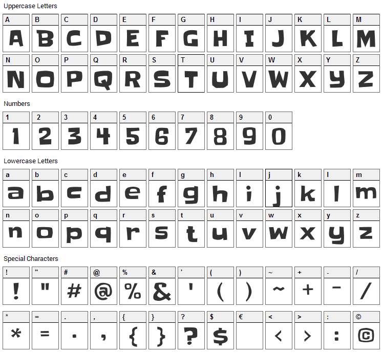 Slackey Font Character Map