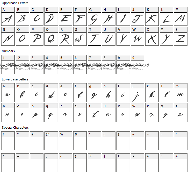 Sleepy Hollow Font Character Map