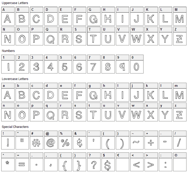 Sloppy Hollow Font Character Map