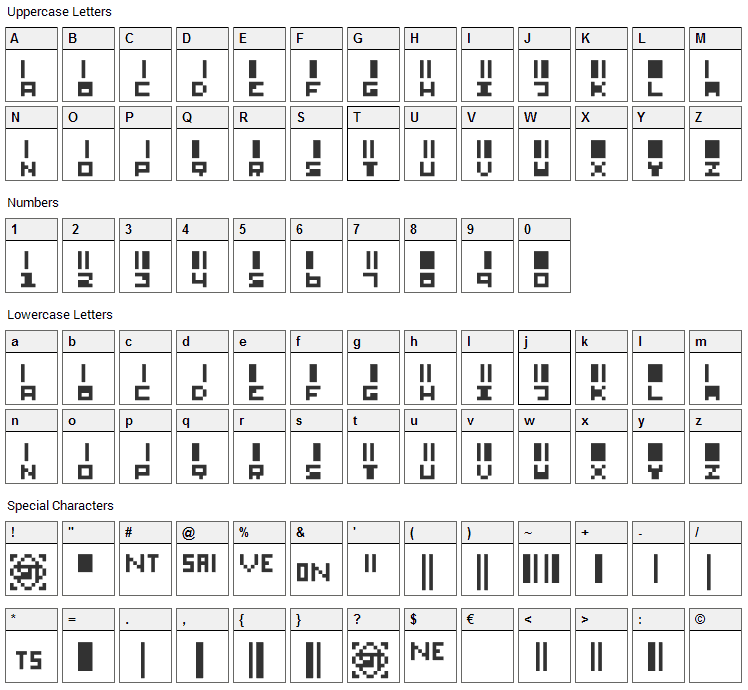 SmallBars Font Character Map