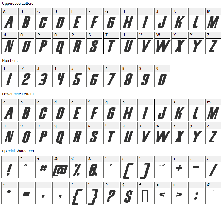 Snickers Font Character Map