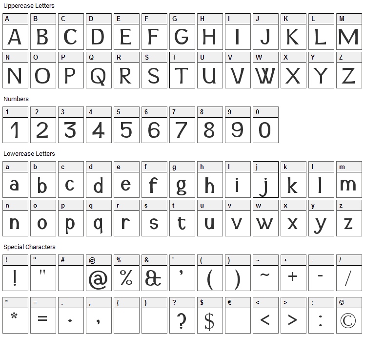 Snidane Font Character Map