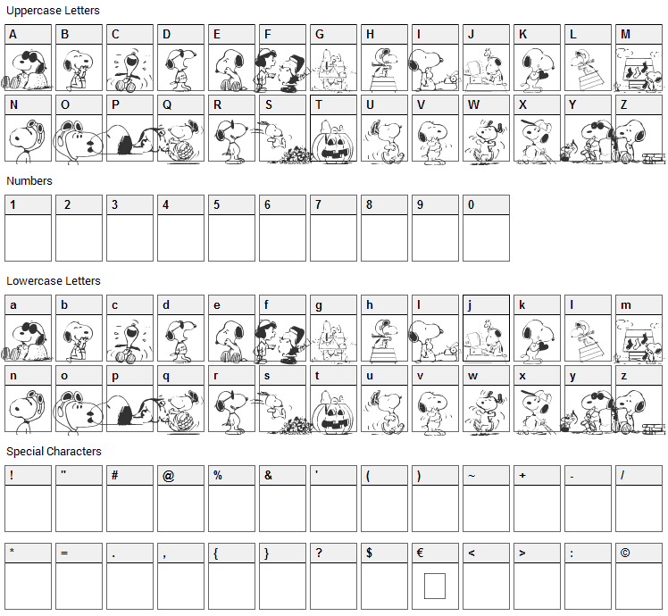 Snoopy Dings Font Character Map