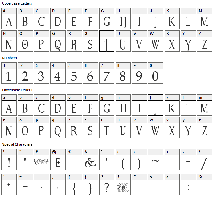 Snow White Font Character Map