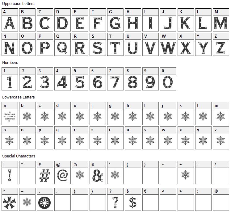 Snowflake Letters Font Character Map