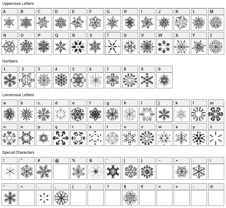 Snowflakes Font Character Map