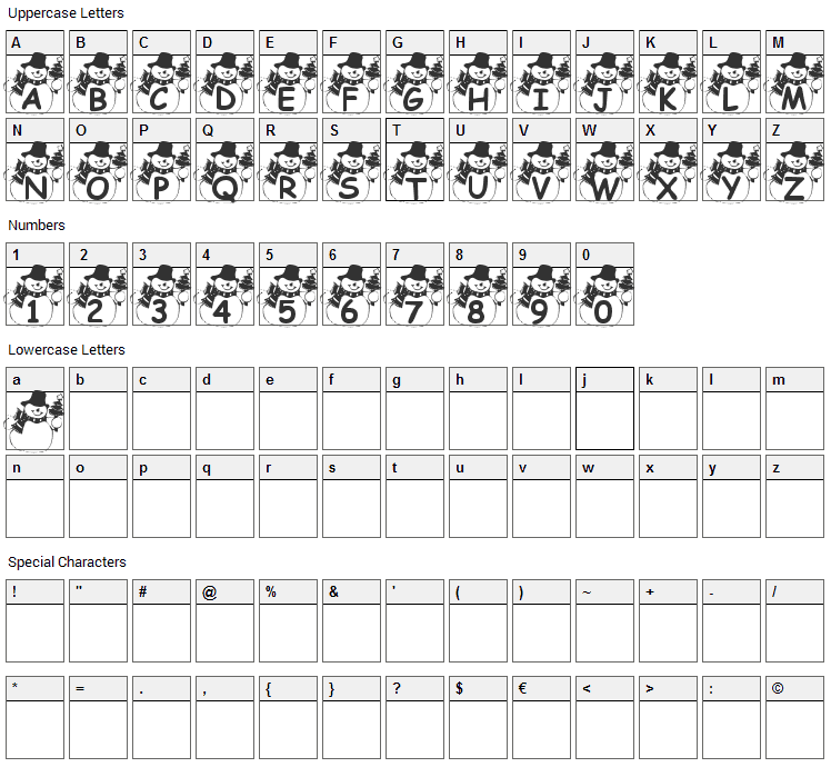 Snowman Font Character Map