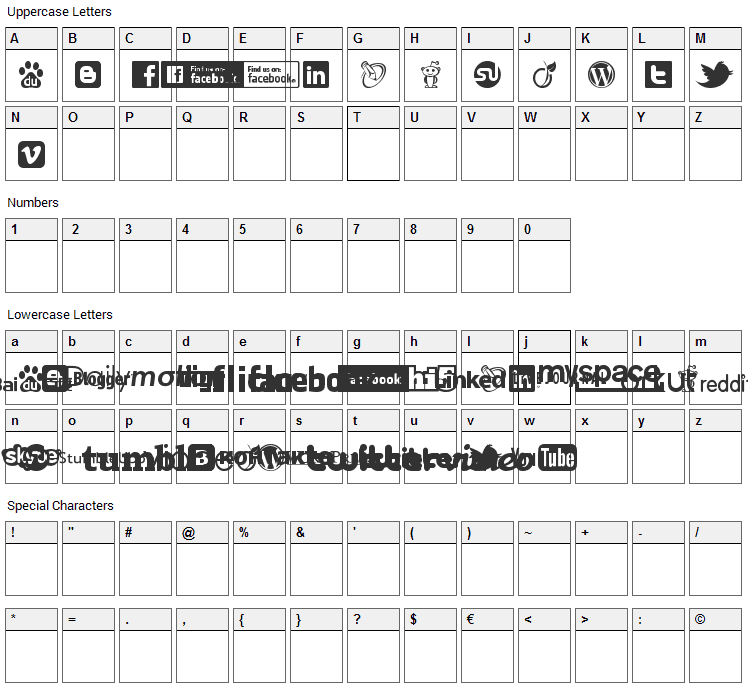 Social Logos Font Character Map