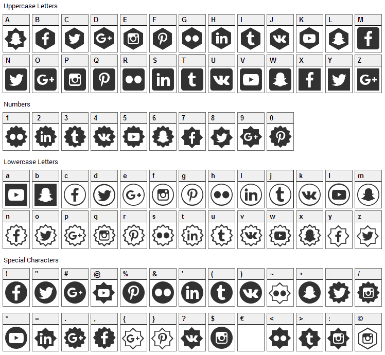 Social Shapes Font Character Map