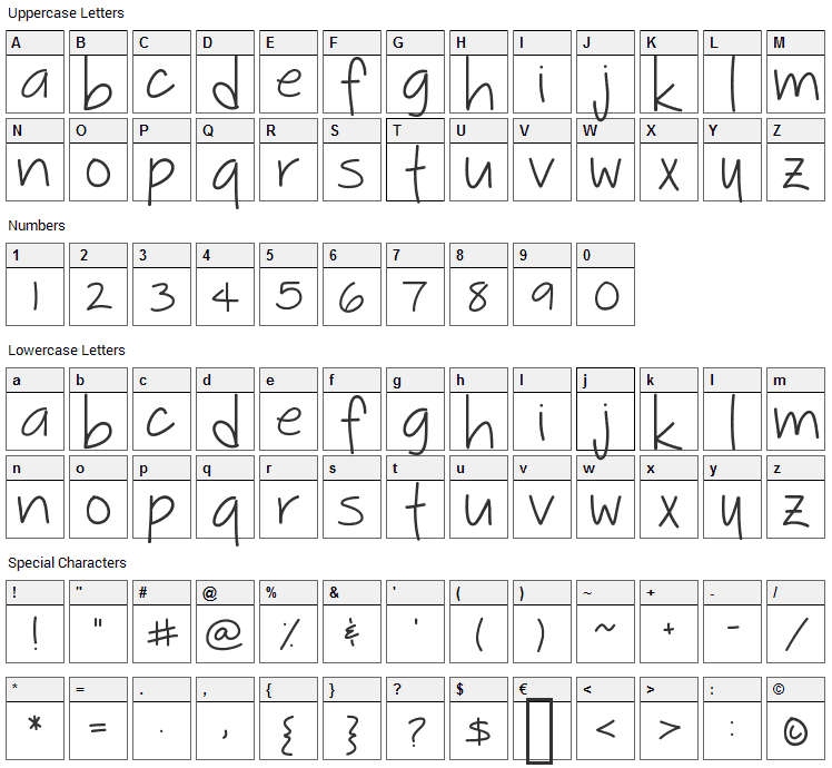 Sophmore Year Font Character Map
